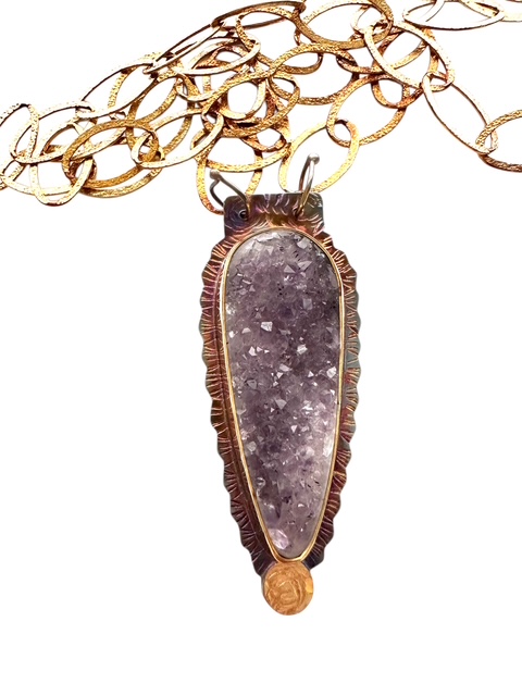 Image of Sterling Silver, 18k Gold, Fine Silver Bezel, and Amethyst Crystal Necklace by Julie Shaw