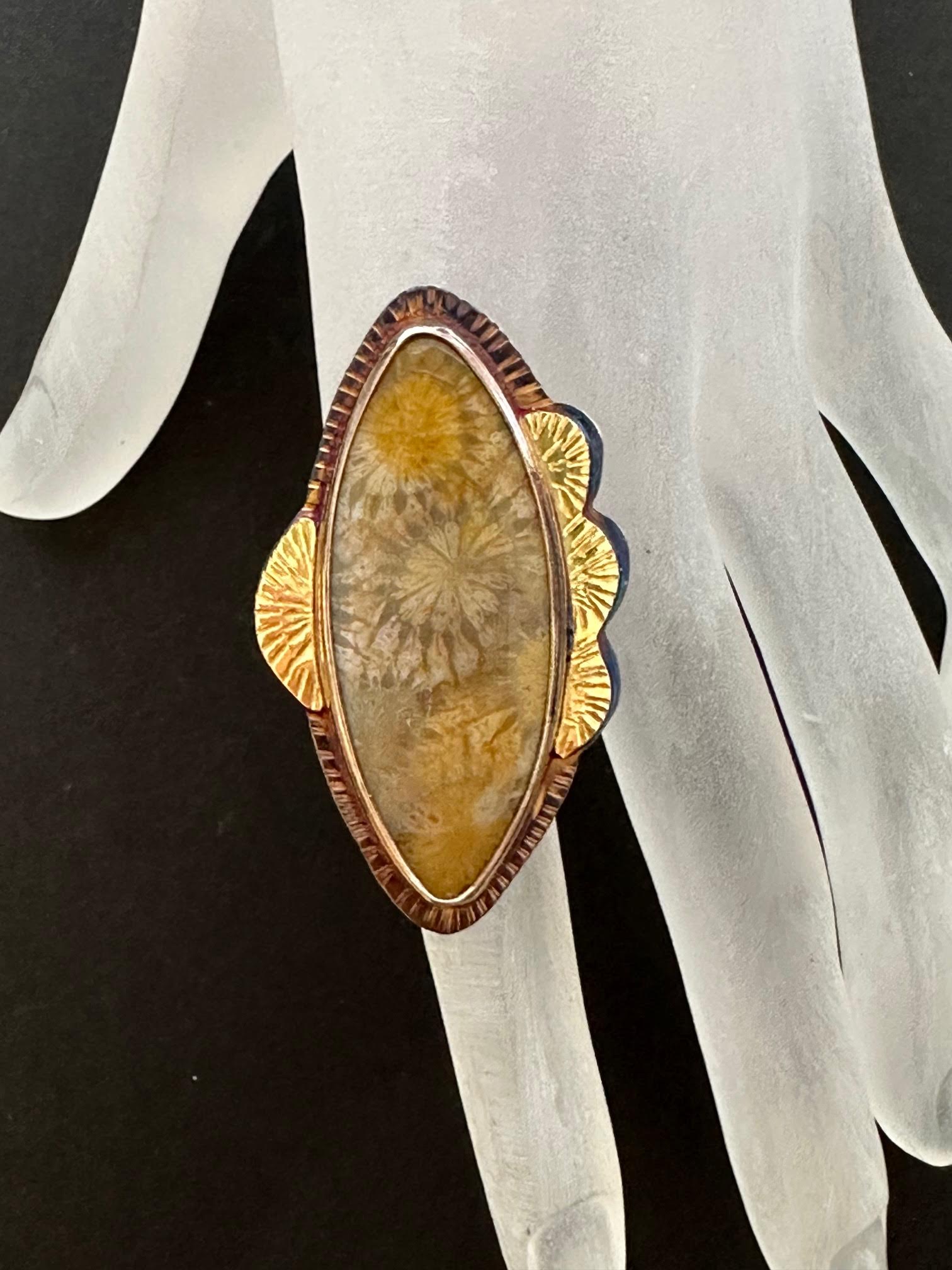 Image 2 for Sterling Silver, Fine Silver Bezel, 18k Gold, and Fossilized Coral Ring, Size 7.75