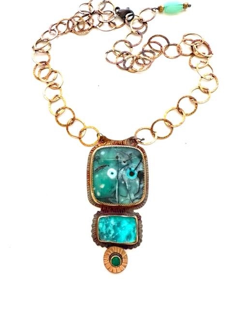Sterling Silver, 18k Gold, Blue Opal Petrified Wood, Chrysocolla Druzy, and Opal Necklace
