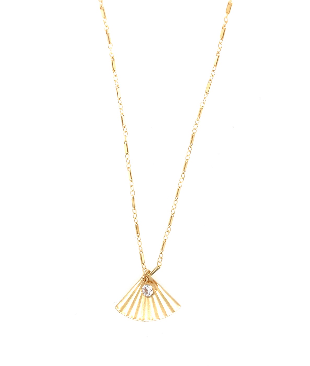 Image of 14k Gold Filled Fan Pendant w/ Cubic Zirconia Bezel Charm Bar Link Chain Necklace by  RACH B Jewelry
