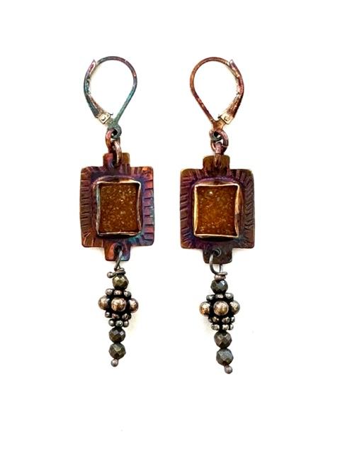 Sterling Silver and Carnelian Druzy Earrings with Sterling and Pyrite Bead Dangles