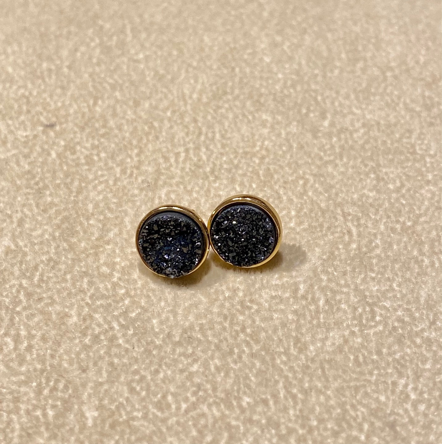 Black Druzy set in Gold Earrings, 8mm