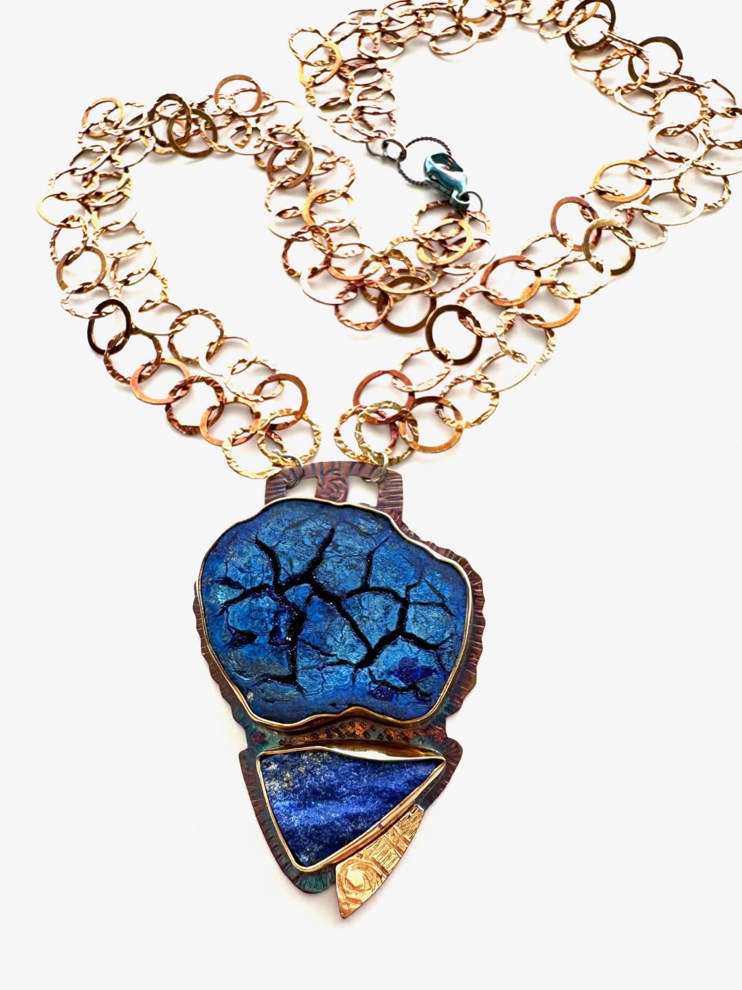 Sterling Silver, Fine Silver Bezels, 18k Gold, Azurite Nodule Slice, and Natural Surface Lapis Lazuli Necklace with Sterling Silver Chain and Lobster Clasp