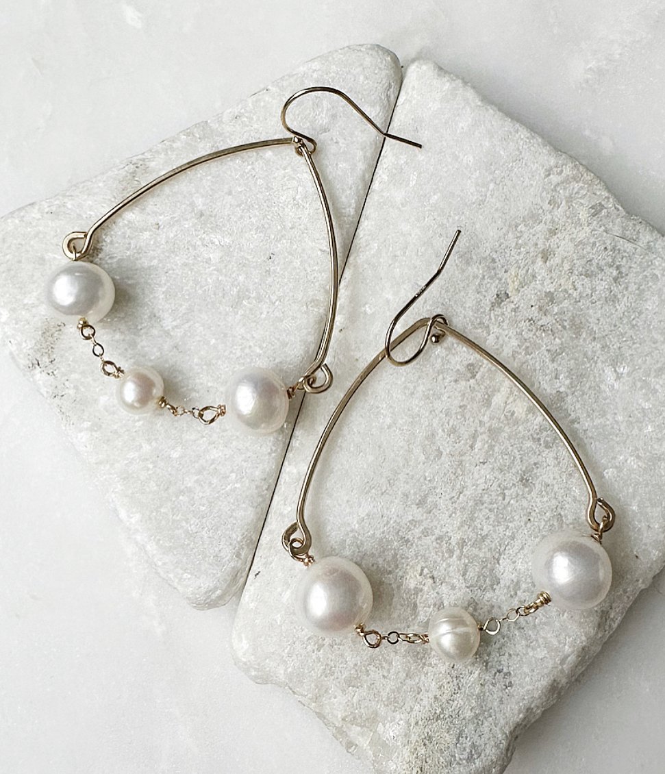 Fan Drape Pearl Chain Earrings, Gold-Filled
