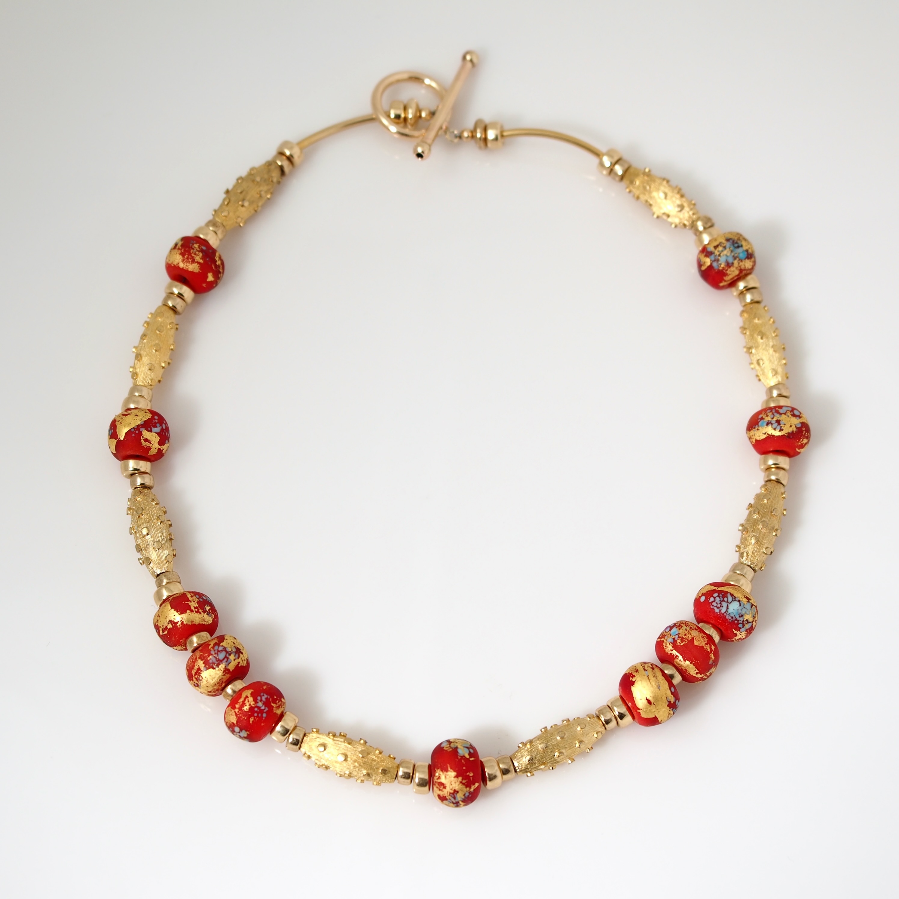 Crimson and Gold, Gold-Filled Beads and Handblown Red and Gold Lampwork Bead Necklace, 14 kt. Gold Clasp