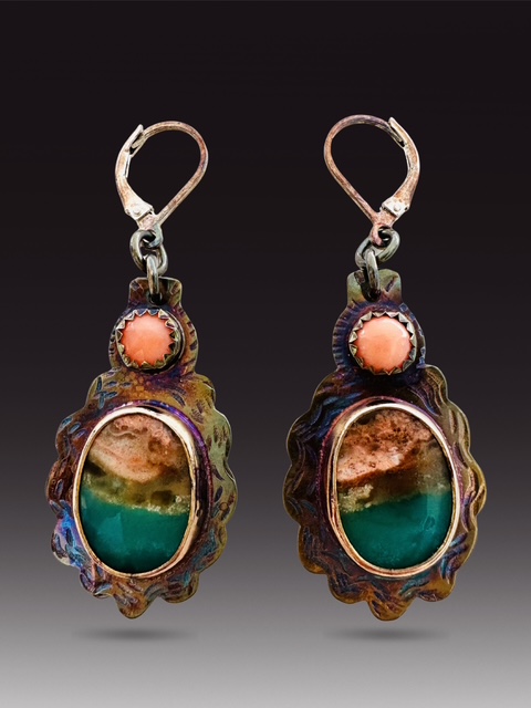 Image of 1 Sterling Silver, Fine Silver Bezels, Opal Wood, and Coral Earrings with Lever Earwires by  