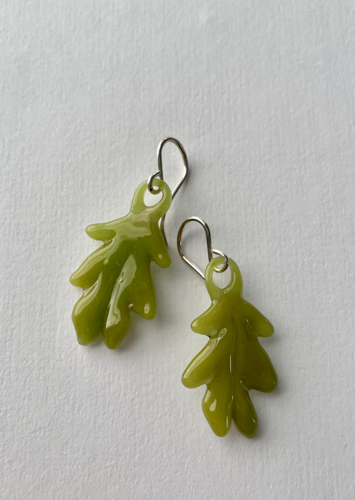 Green Oak Leaf Earrings on Sterling Wires