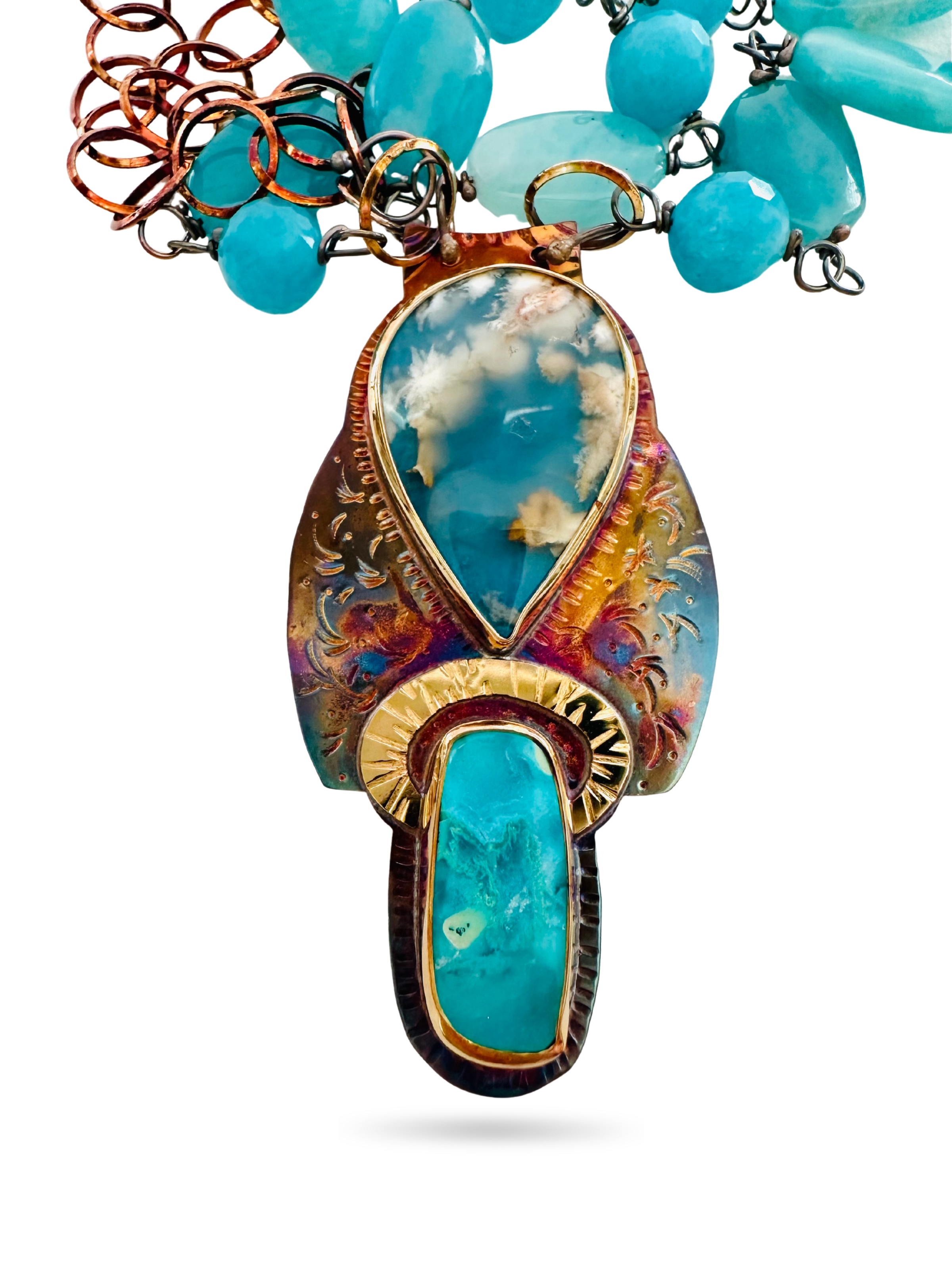 Image of 6 Sterling Silver, Fine Silver Bezels, 18k Gold, Plume Agate with Blue Resin Backing and Chrysocolla Necklace with Peruvian Amazonite Beads, Sterling Silver Chain, and Revolving Lobster Clasp by Julie Shaw