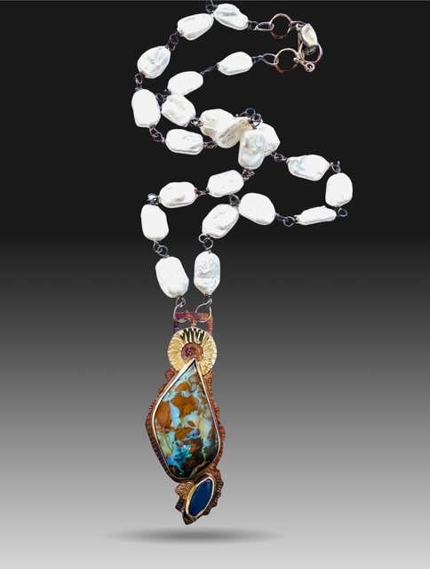 Image 2 for 1 Sterling Silver, Fine Silver Bezels, 18k Gold, Boulder Opal and Kyanite Necklace with Pearls strung on Sterling Silver and Magnetic Clasp