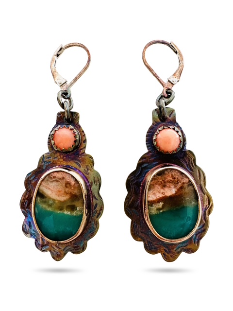 Image 2 for 1 Sterling Silver, Fine Silver Bezels, Opal Wood, and Coral Earrings with Lever Earwires