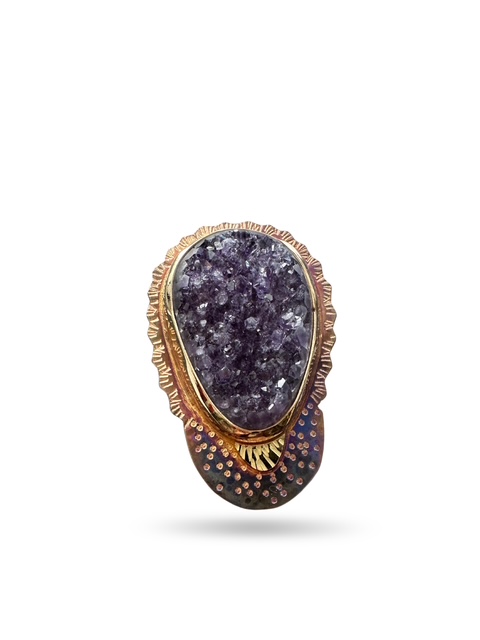 Image 2 for 3 Sterling Silver, Fine Silver Bezel, Amethyst Crystals, and 18k Gold Ring - Size 7.25