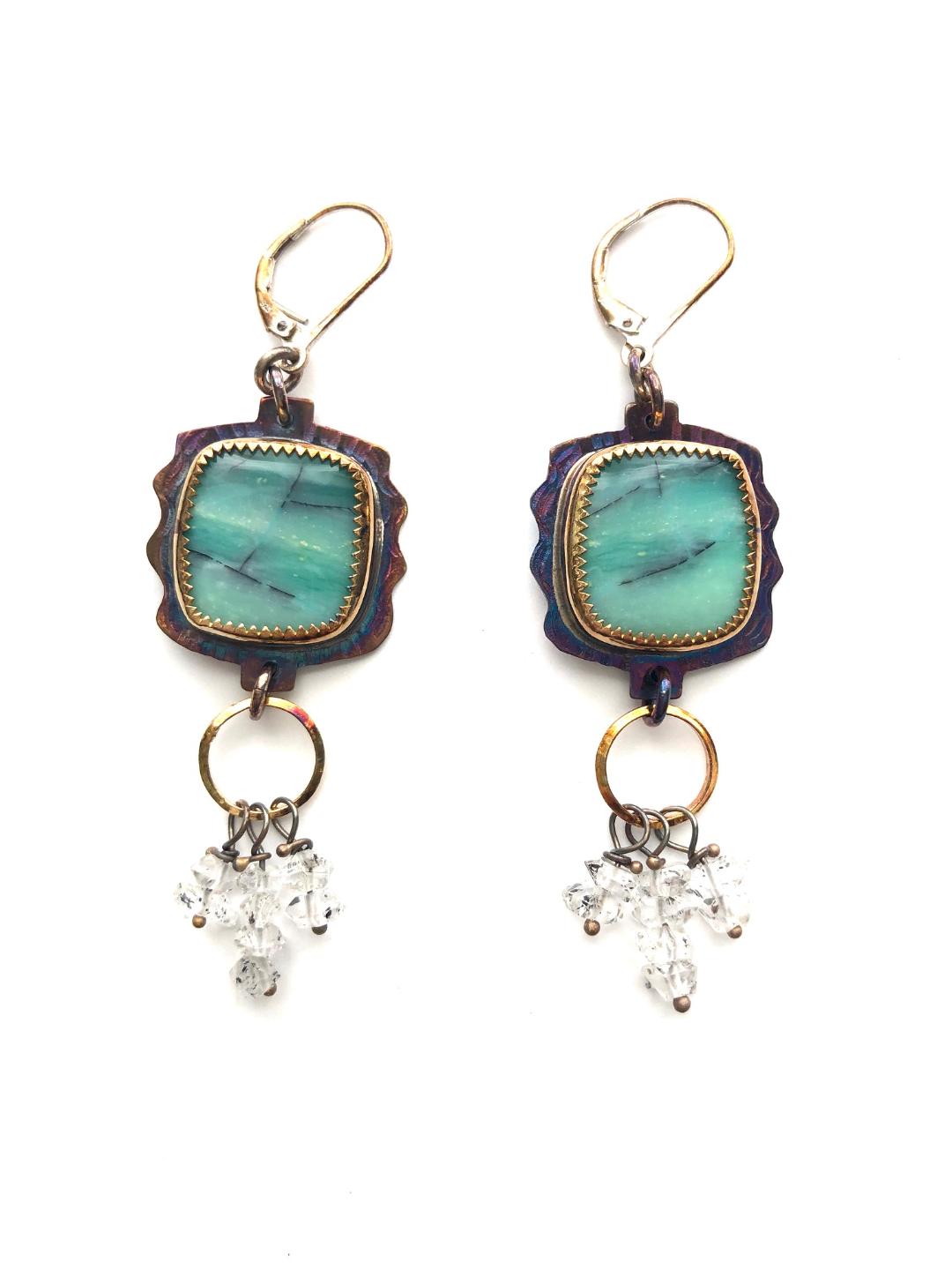 Image 1 for Blue Opal Displaced Petrified Wood and Herkimer Diamond Crystals Earrings in Sterling Silver Blue Opal Displaced Petrified Wood and Herkimer Diamond Crystals Earrings in Sterling Silver