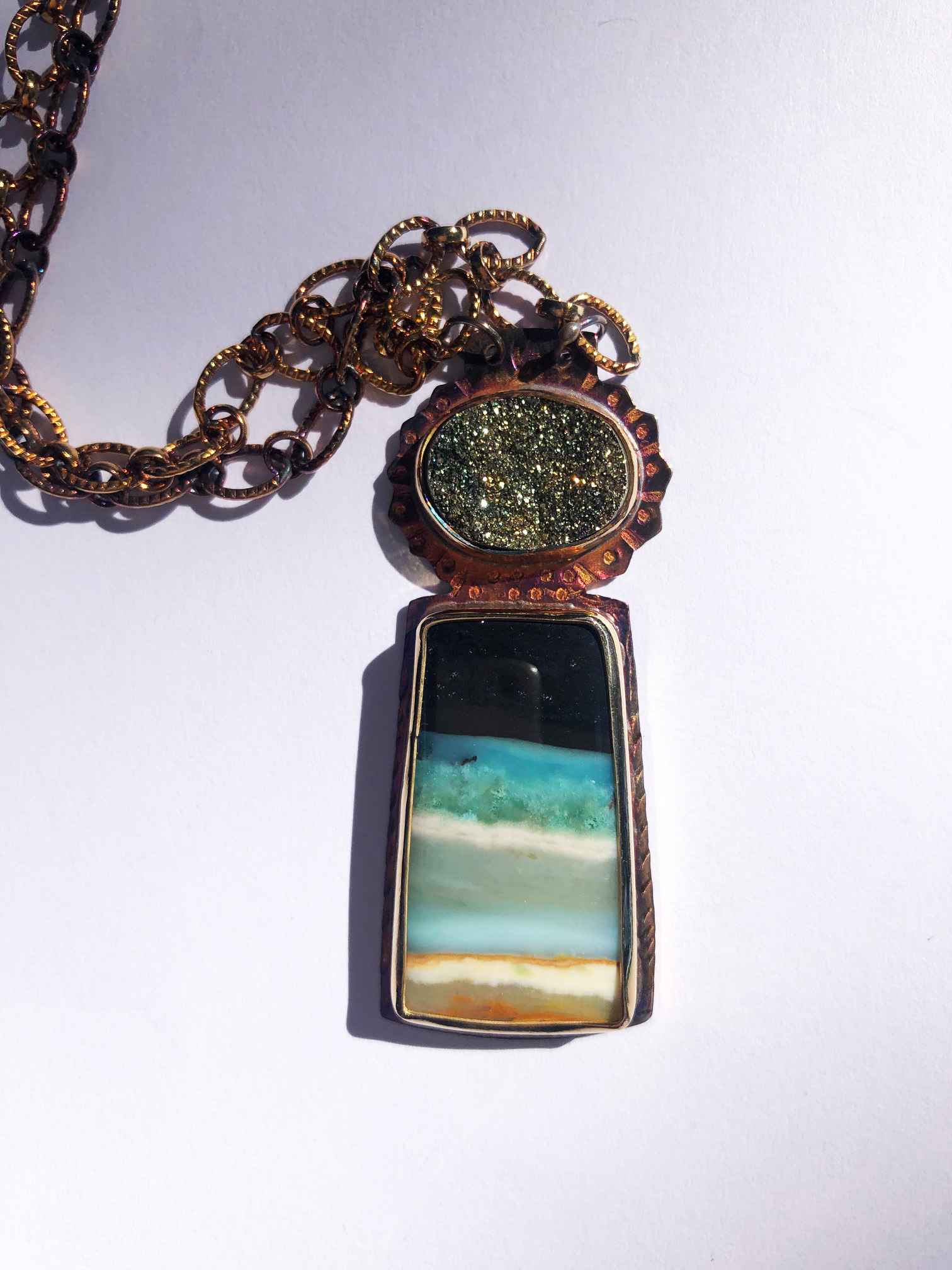 Image 1 for Sterling, Pyrite Druzy and Blue Opal Displaced Petrified Wood Necklace Sterling, Pyrite Druzy and Blue Opal Displaced Petrified Wood Necklace