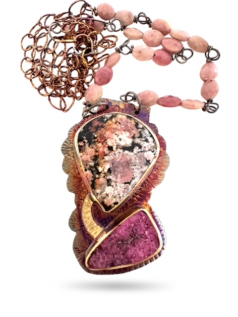 Image of 3 Sterling Silver, Fine Silver Bezels, 18k Gold, Cobalto Calcite Druzy, and Feather Ridge Plume Agate Laminated to Austrailian Black Jade Necklace with Petrified Rhodonite Beads by  