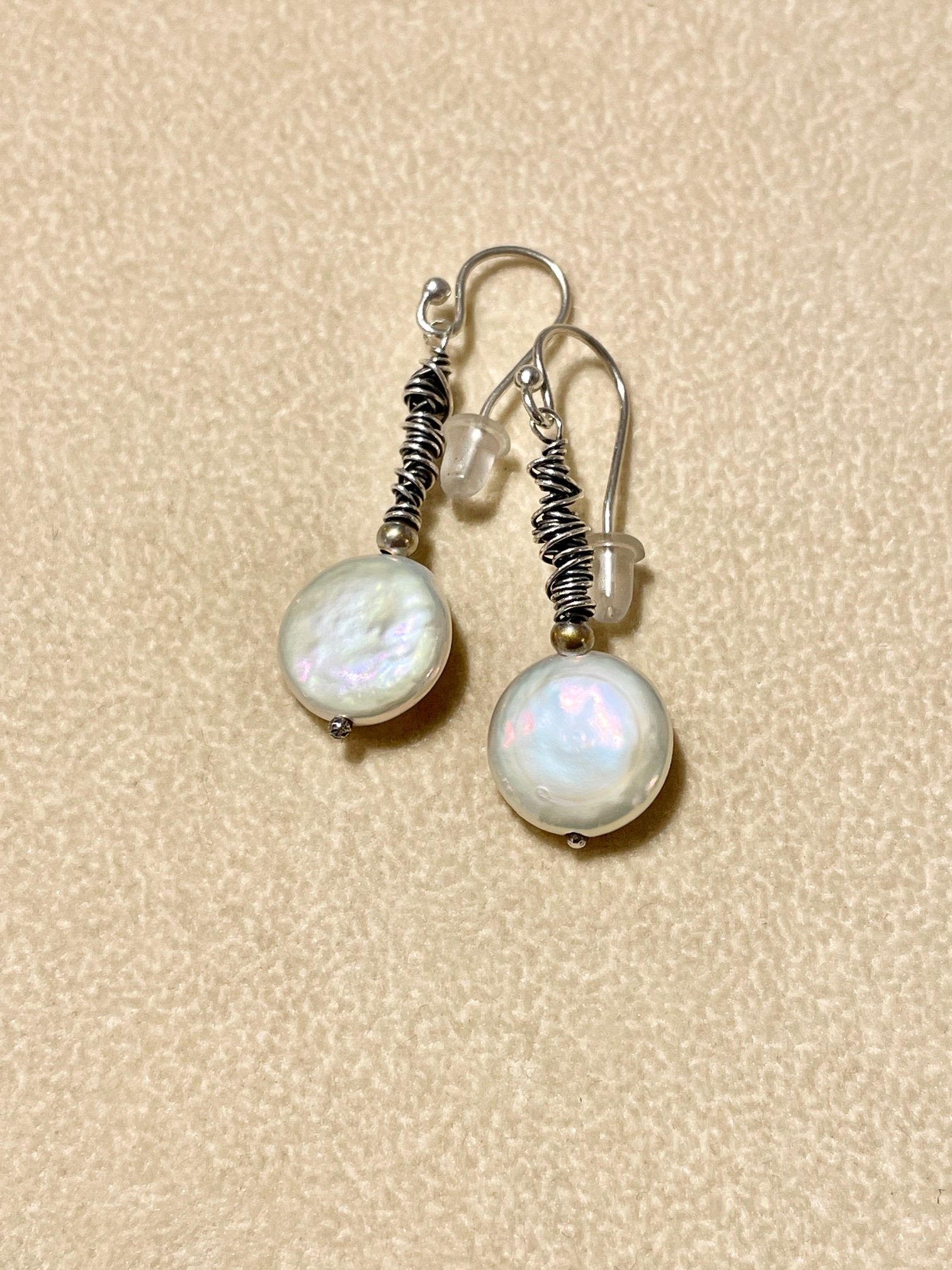 Coin Pearl Sterling Wire Wrap Earrings