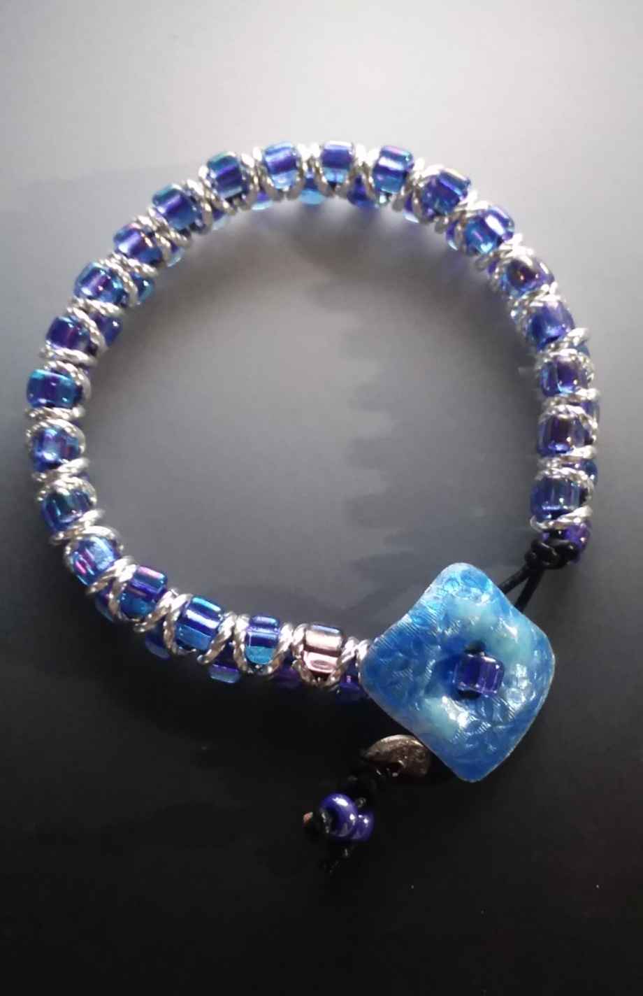 Beaded Bracelet with Blue Enamel Button