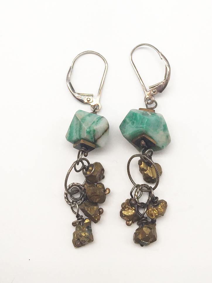 Image 1 for Green and Golden Bead Dangle Earrings Green and Golden Bead Dangle Earrings