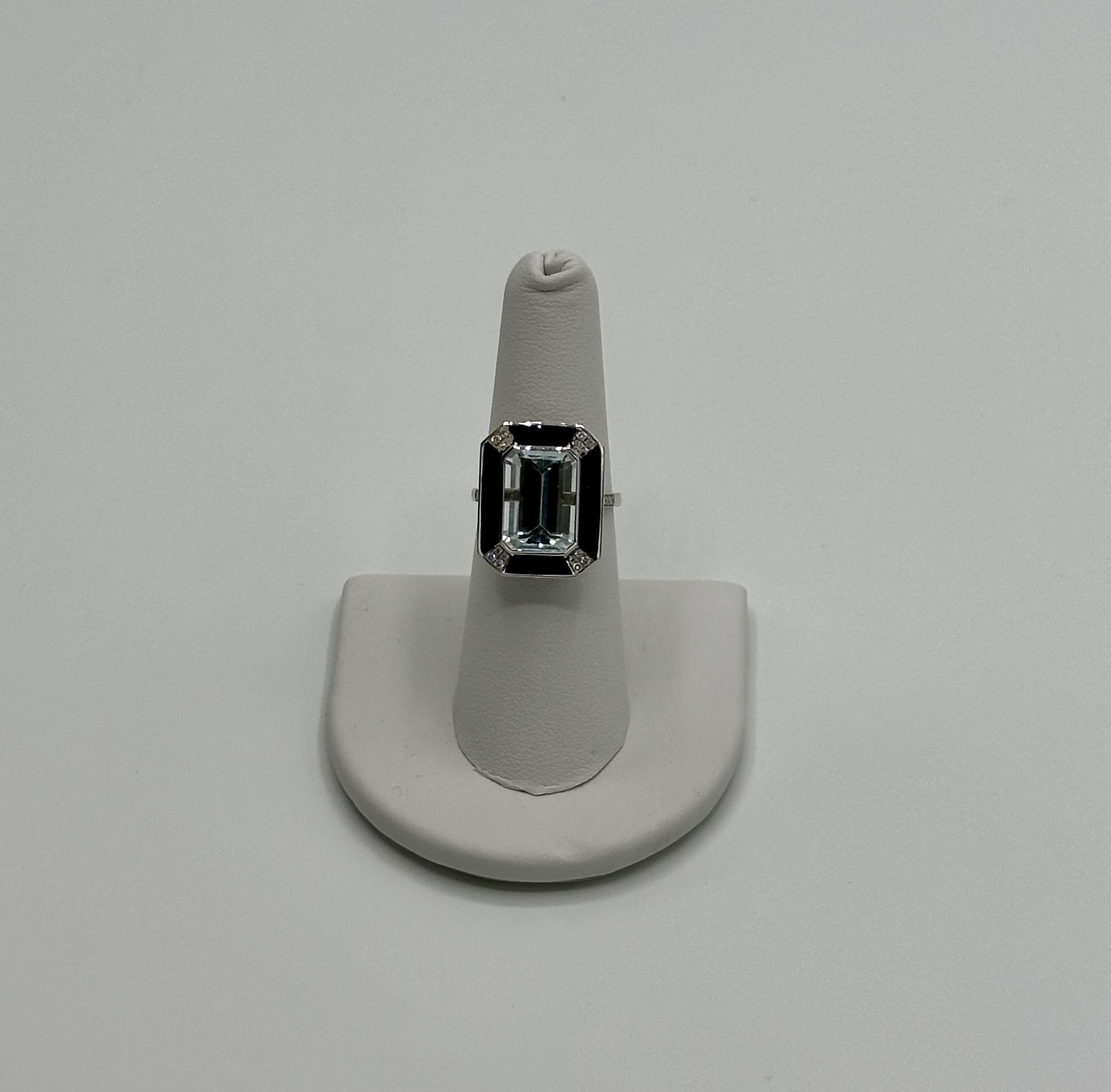 18 Karat White Gold, Diamond and Enamel Ring. .16 Carat Diamond, 5.4 Carat Aquamarine.