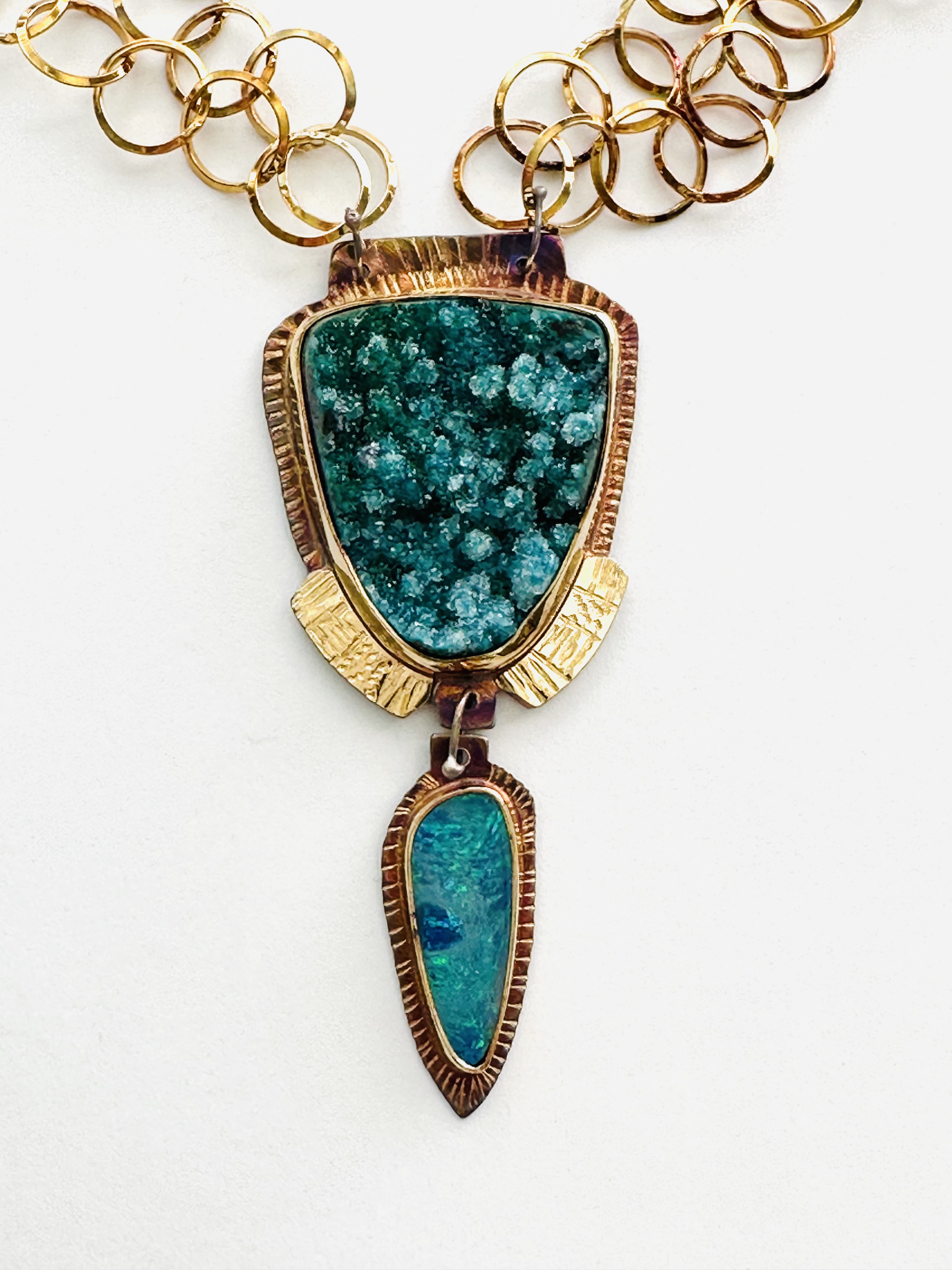Image of 2 Sterling Silver, Fine Silver Bezels, 18k Gold, Rare Gorgeous Azurite Druzy, and Boulder Opal Necklace with Sterling Silver Chain and Lobster Clasp by  