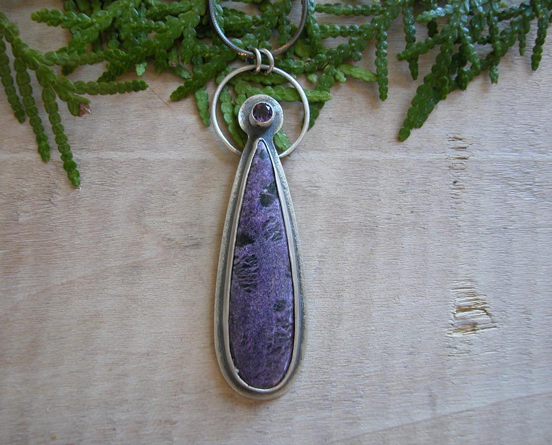 Tall Pendant, Sterling, Purpurite and Amethyst