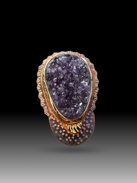 Image of 3 Sterling Silver, Fine Silver Bezel, Amethyst Crystals, and 18k Gold Ring - Size 7.25 by  