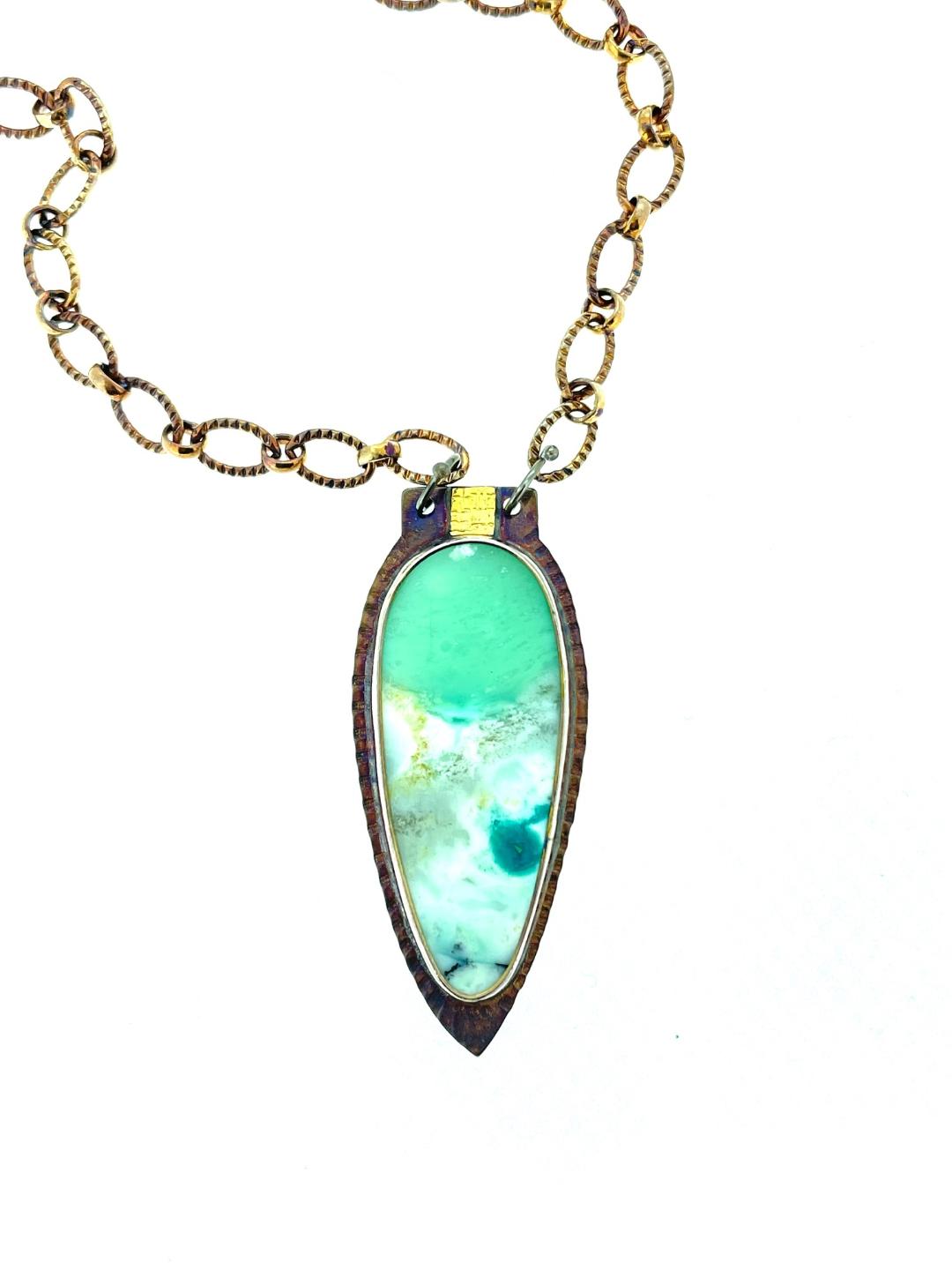 Image 1 for Blue Opal Petrified Wood Necklace in Sterling Silver and 22k Gold Blue Opal Petrified Wood Necklace in Sterling Silver and 22k Gold