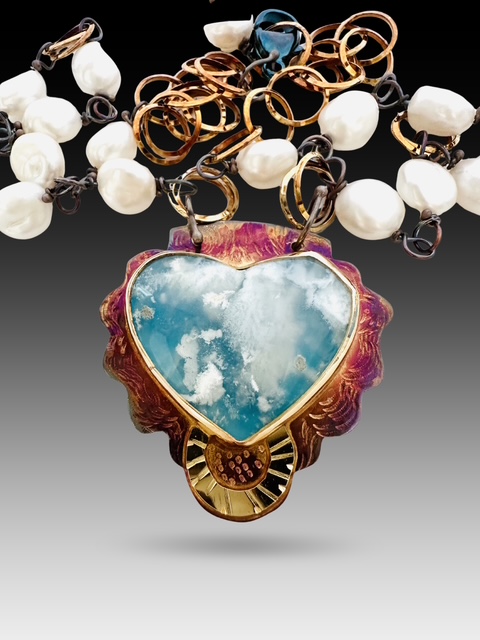 Image of 6 Sterling Silver, Fine Silver Bezel, 18k Gold, and Fresh Water Pearl Necklace with Sterling Silver Links and Lobster Clasp by Julie Shaw