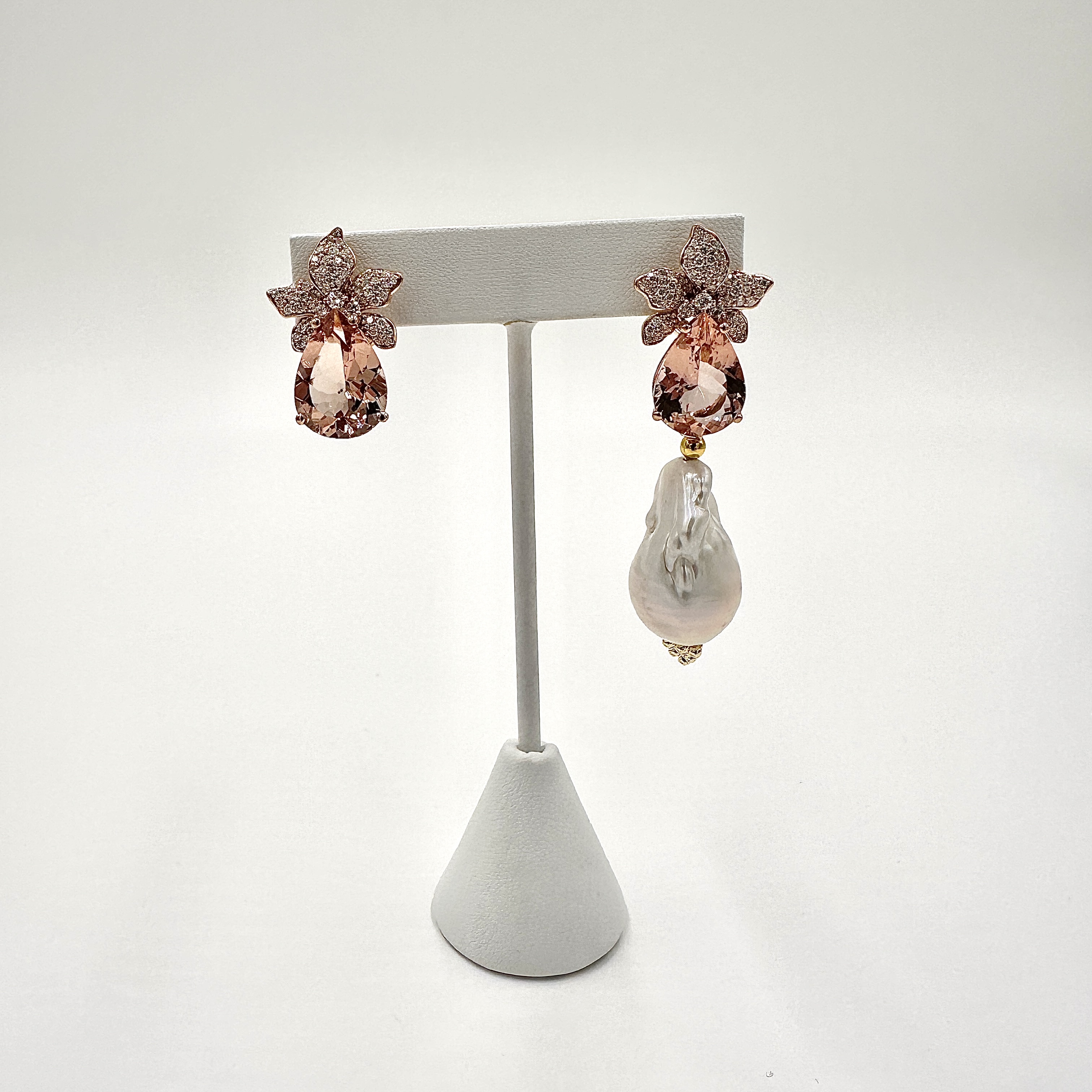 Image 2 for 18 Karat Pink Gold, Diamond and Champagne Morganite Earrings with Detachable Hooks for Dangles