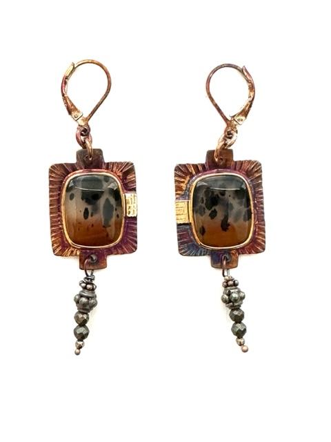 Orange and Browns Earrings, Sterling Silver, 18k, Montanna Agate, Beads, Sterling Silver and Pyrite Earrings