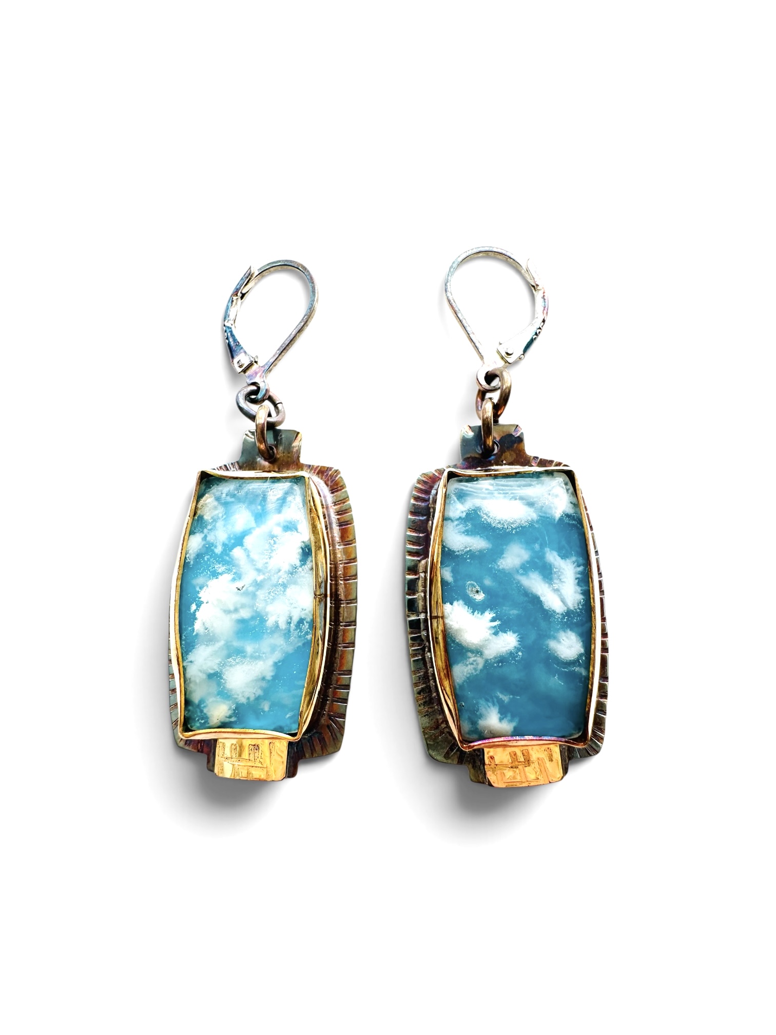 Image of 6 Sterling Silver, Fine Silver Bezels, 18k Gold, and Plume Agate over Blue Resin Sterling Silver Lever Earrings by Julie Shaw