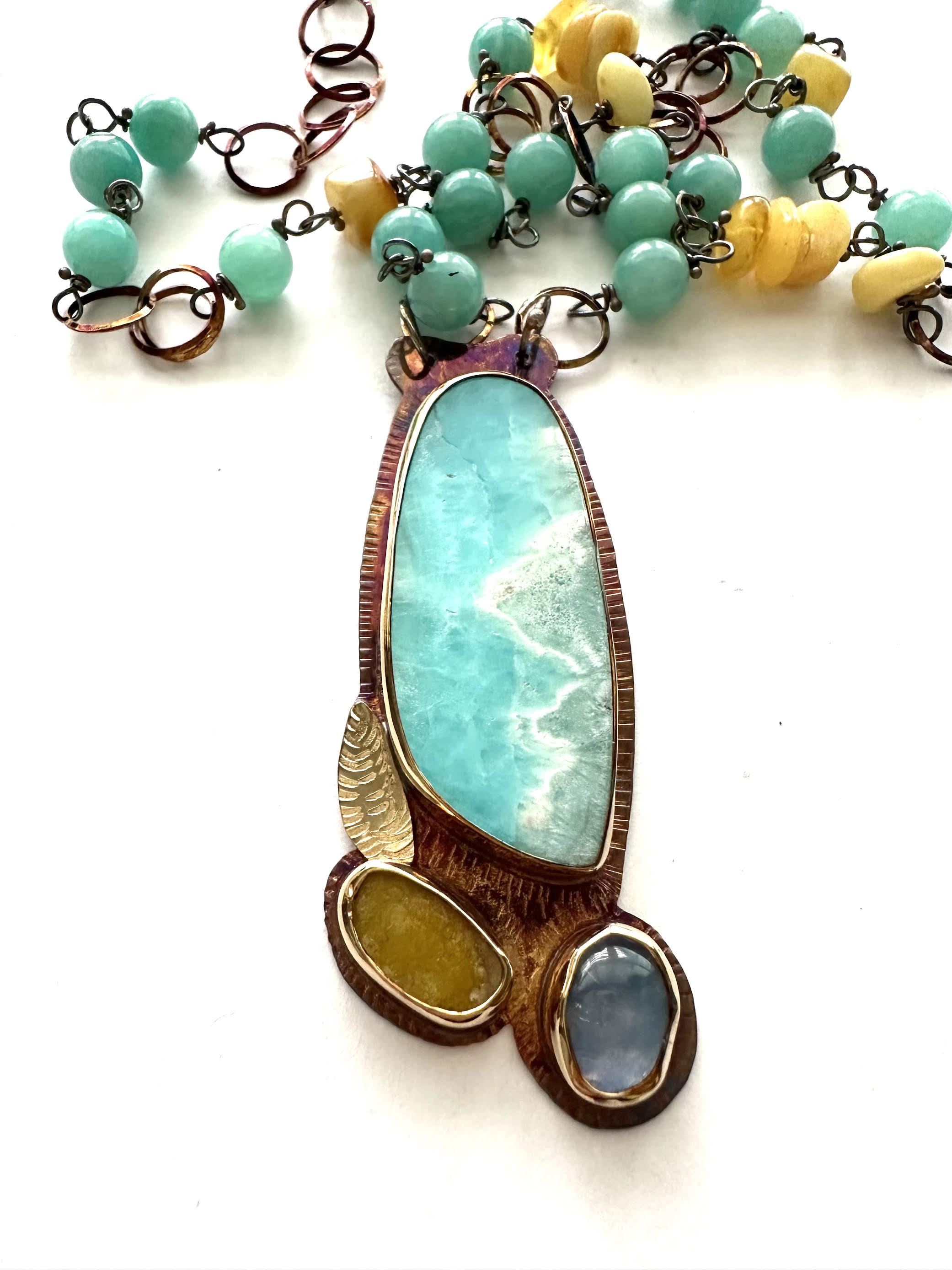 Image of Sterling Silver, Fine Silver Bezels, 18k Gold, Serpentine, Rainbow Moonstone and Blue Calcite Necklace with Amazonite and Amber Beads Strung on Sterling Silver Chain with a Magnetic Clasp by Julie Shaw