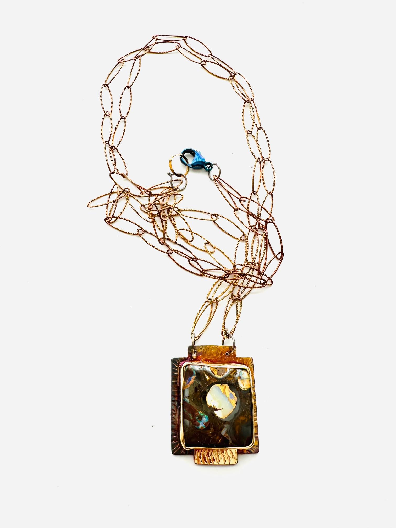 Image 2 for Sterling Silver, Fine Silver Bezel, 18k Gold, and Yowah Opal Necklace on Sterling Silver Chain with a Lobster Clasp