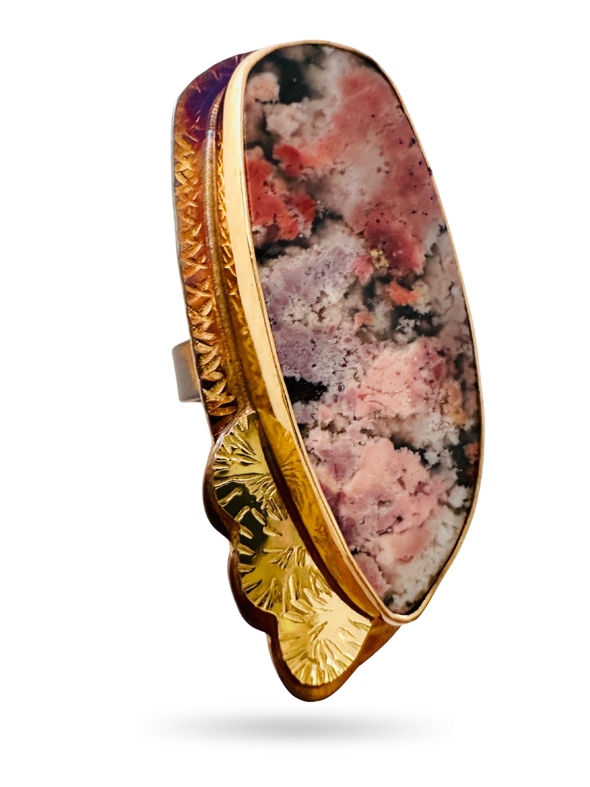 Image 2 for 3 Sterling Silver, Fine Silver Bezel, 18k Gold, and Feather Ridge Plume Agate over Australian Black Jade Ring - Size 7.5