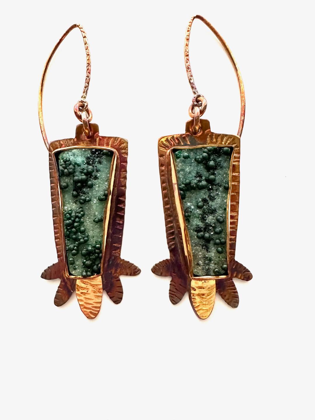 Sterling Silver, Fine Silver Bezel, 18k Gold, Chrysocolla Druzy Earrings with Malachite Crystals