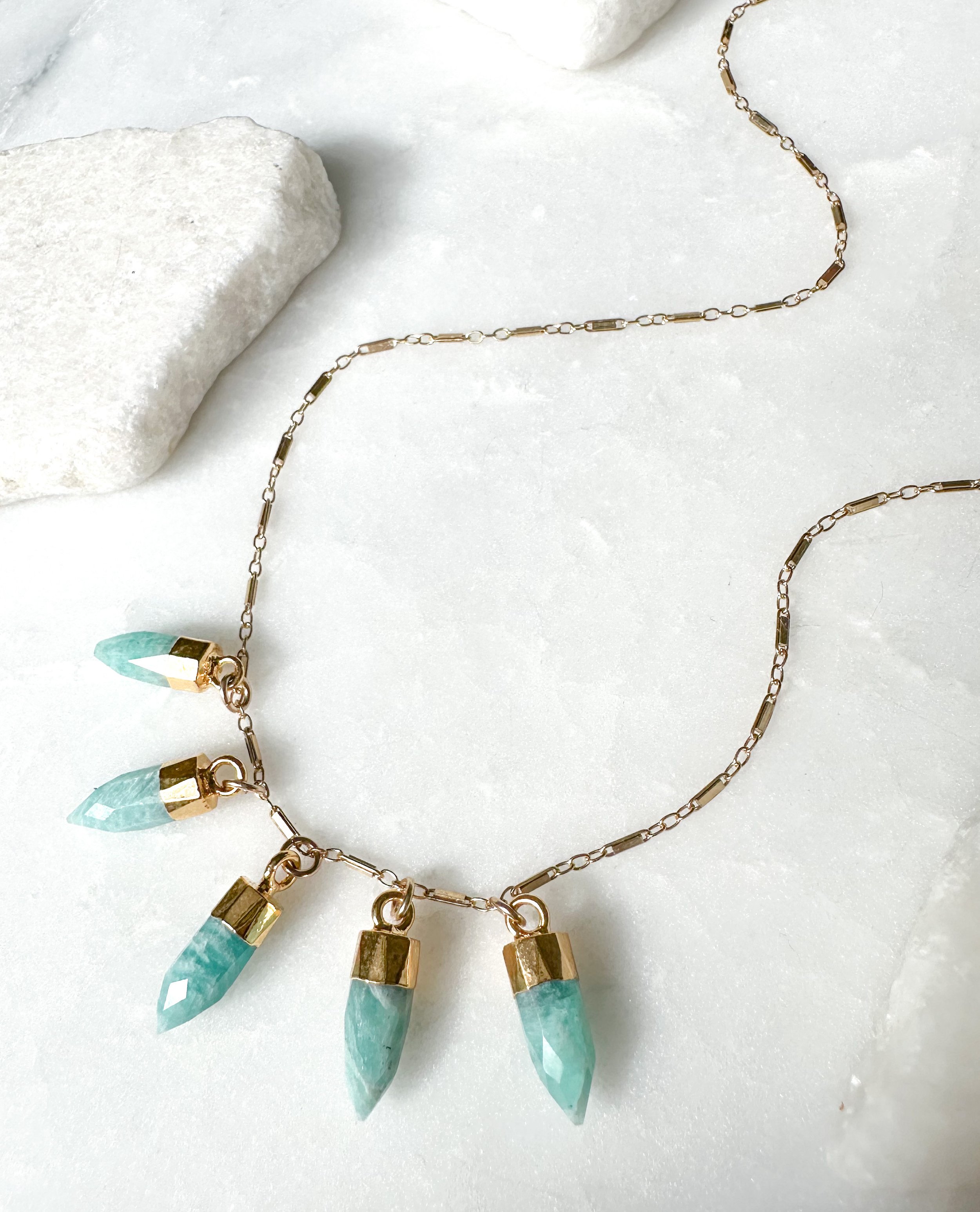 Image of Amazonite 5-Stone Bib Bar Link Chain Necklace, 14k Gold Fill - Trunk Show by  RACH B Jewelry