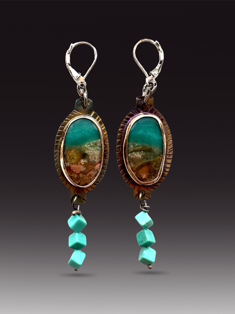 Image of 1 Sterling Silver, Fine Silver Bezels, and Opal Wood Earrings with Turquoise Drops and Lever Earwires by  