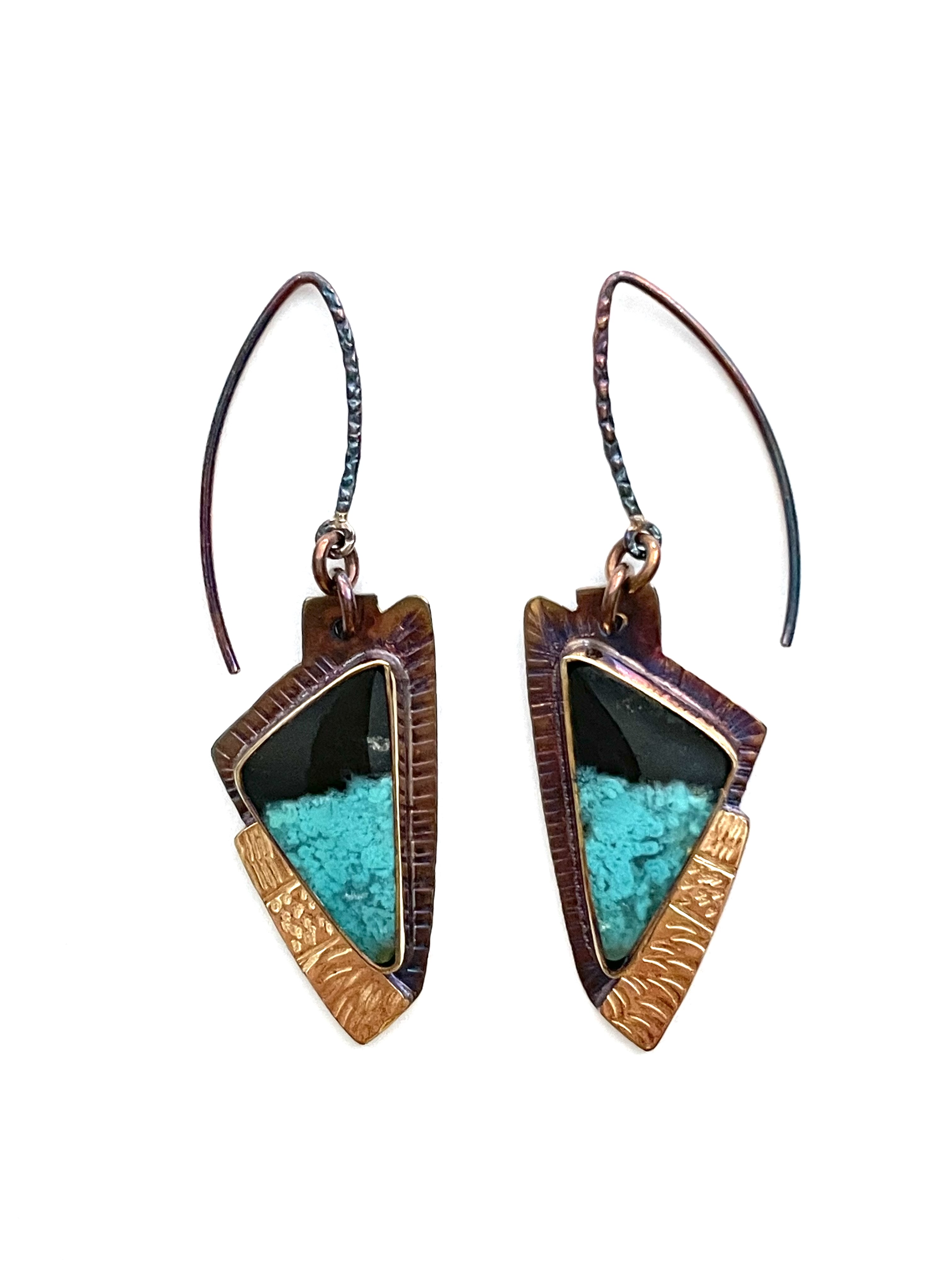 Sterling Silver, 18k Gold, Volcanic Rock, and Chrysocolla Earrings