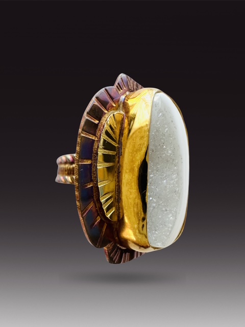 Image 3 for 5 Sterling Silver, Fine Silver Bezel, 22k Gold, and Quartz Druzy in Agate Ring - Size 7.25
