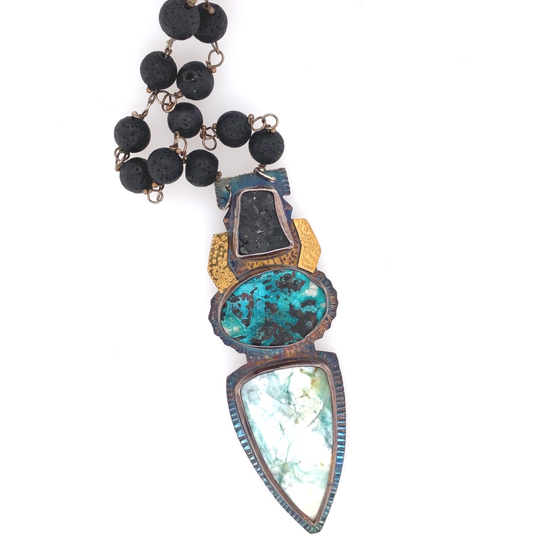 Image 1 for Black Garnet, Shattucktite, Blue Opal, Petrified Wood Necklace on Volcanic Rock Beads and Herkimer Diamonds Black Garnet, Shattucktite, Blue Opal, Petrified Wood Necklace on Volcanic Rock Beads and Herkimer Diamonds