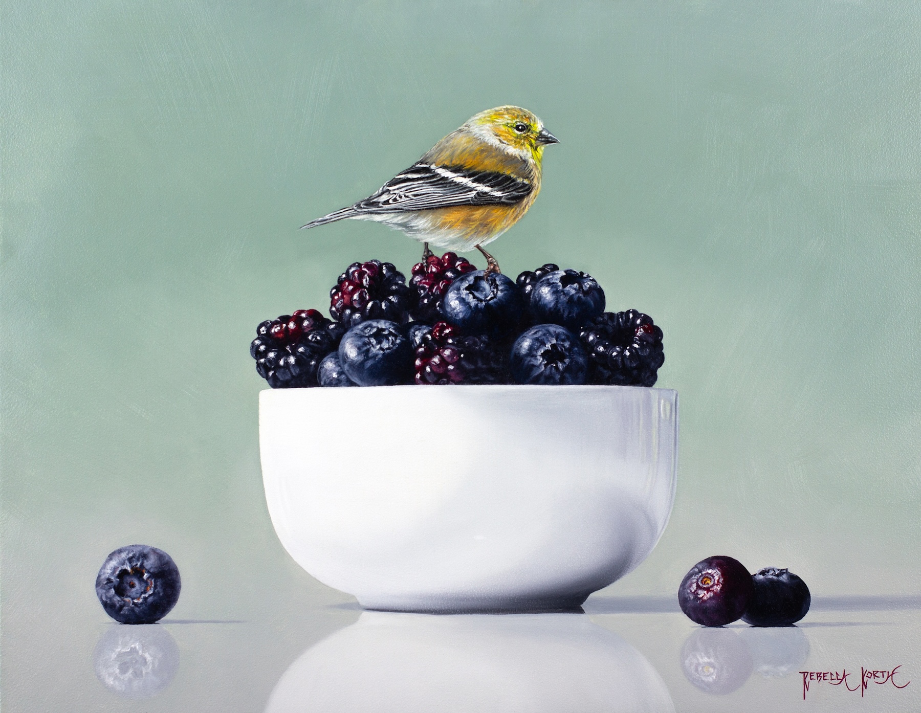 Image of Female Goldfinch & Berries by Rebecca Korth