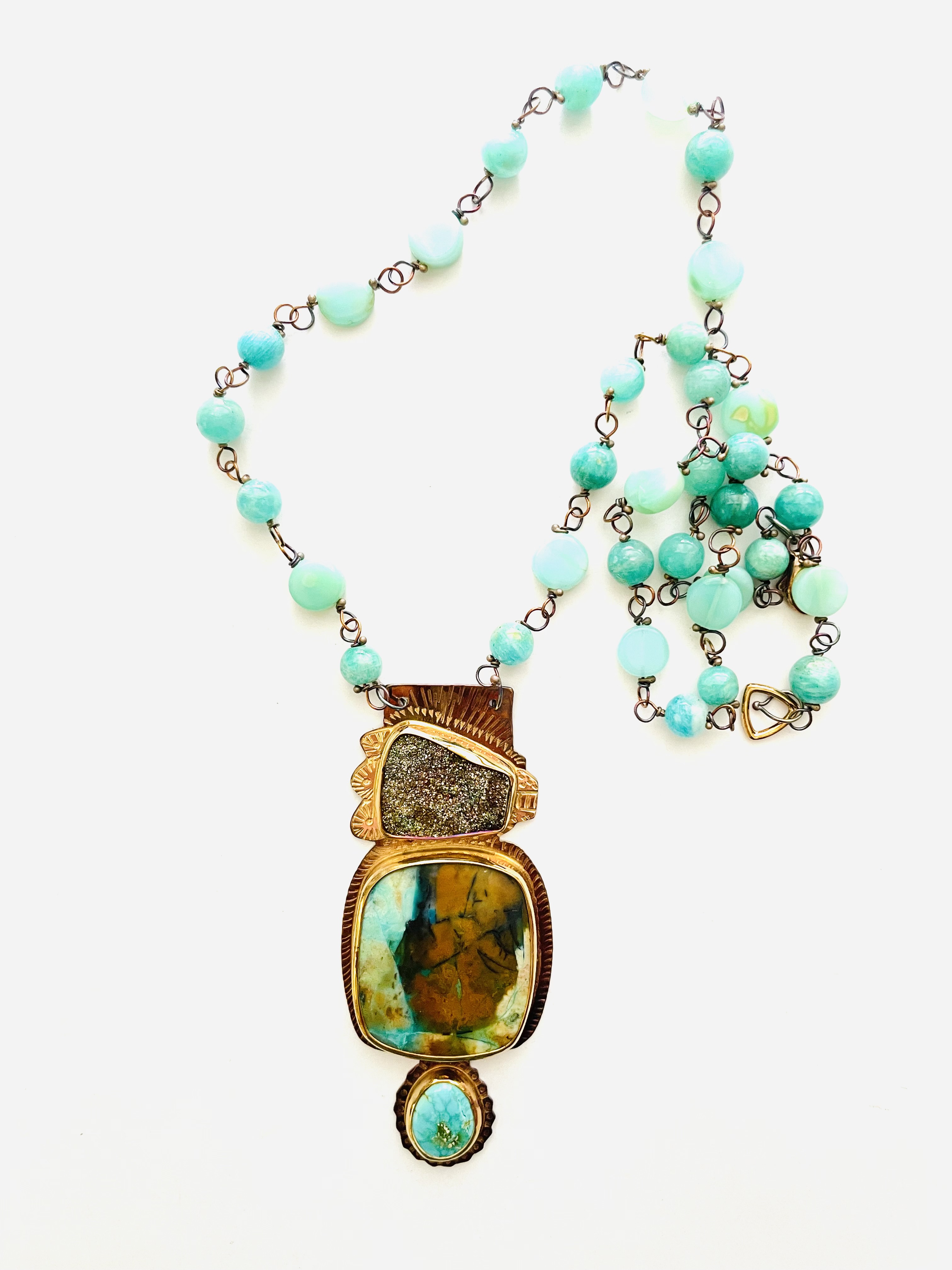 Sterling Silver, 18k Gold, Pyrite Druzy, Sleeping Beauty Turquoise, and Blue Opal Petrified Wood Necklace with Amazonite and Peruvian Opal Beads.