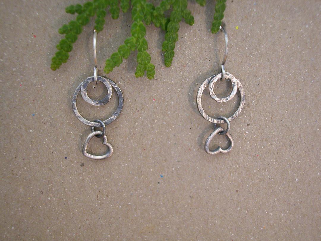 Circle Stick Earrings, Sterling and Reclaimed SS Heart