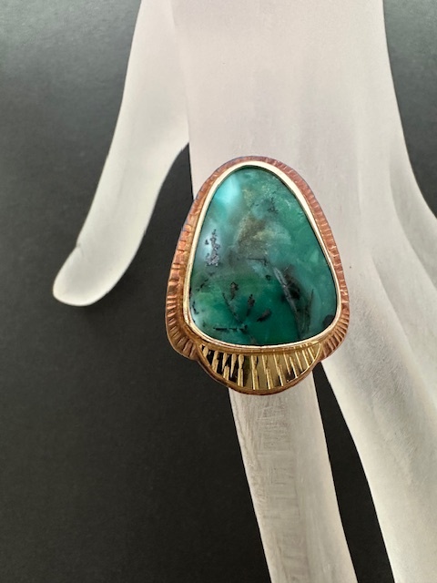 Image of Sterling Silver, Fine Silver Bezel, 18k Gold, and Blue Opal Wood Ring - Size 7 by Julie Shaw