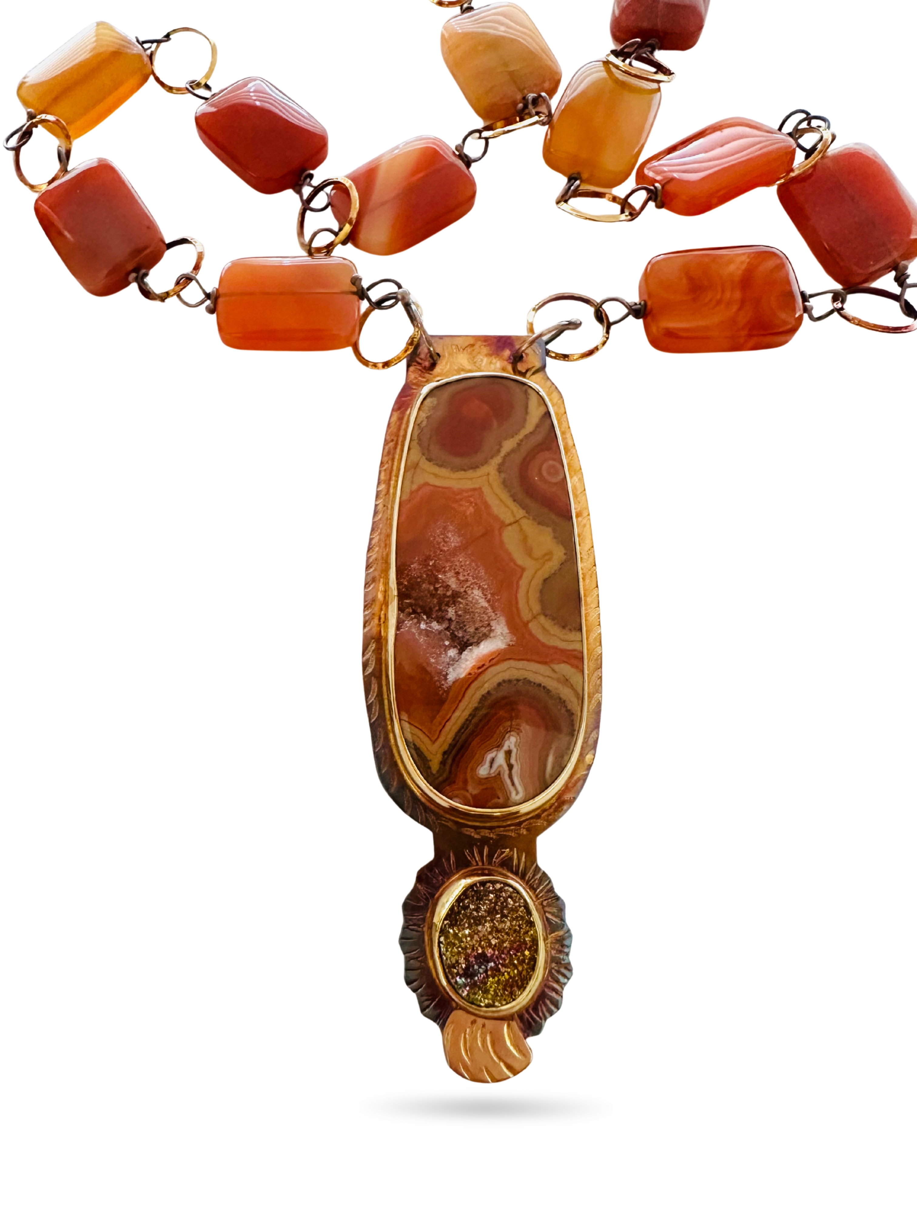 Image of 8 Sterling Silver, Fine Silver Bezels, 18k Gold, Dryhead Agate, and Rainbow Pyrite Druzy Necklace with Carnelian Beads strung on Sterling Silver Wire, Sterling Silver Chain, and Lobster Clasp by Julie Shaw