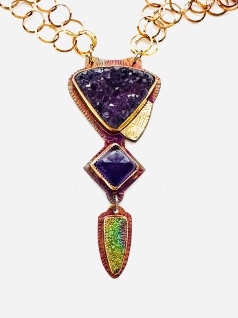 Sterling Silver, 18k Gold, Amethyst Crystals, and Rainbow Pyrite Druzy Necklace