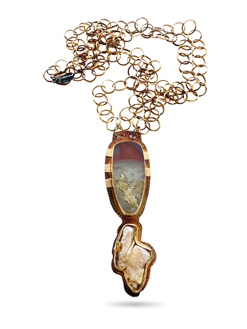Image 2 for 3 Sterling Silver, Fine Silver Bezels, 18k Gold, Swazi Agate and Pearl Necklace with Sterling Silver Chain and Lobster Clasp