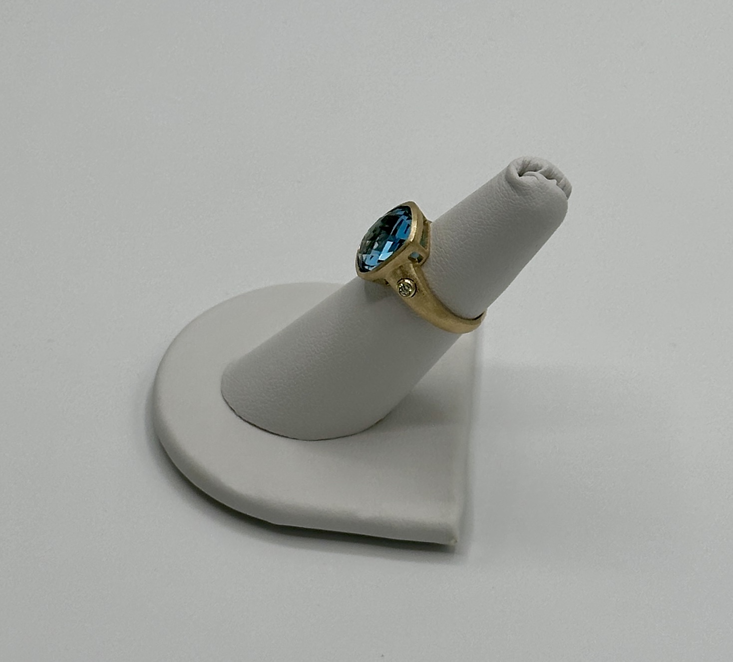 14 Karat Yellow, Matte Gold Finished Blue Topaz Ring, 6.6 Carats with Little Tiny Diamond Accents