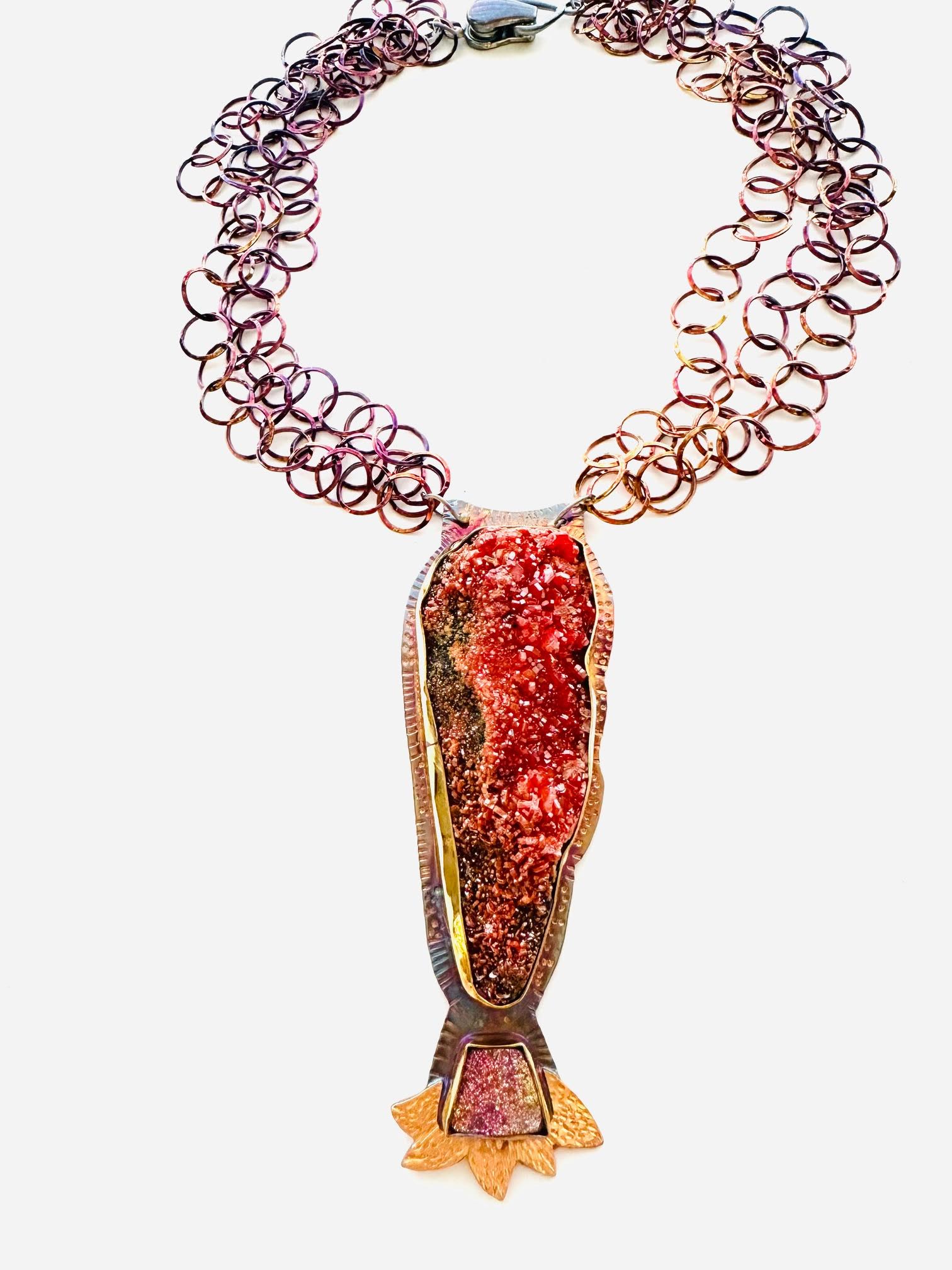 Image 2 for Sterling Silver, Fine Silver Bezels, 22k Gold, Vanadinite from Morocco, and Pyrite Druzy Necklace on Sterling Silver Chain with Magnetic Clasp