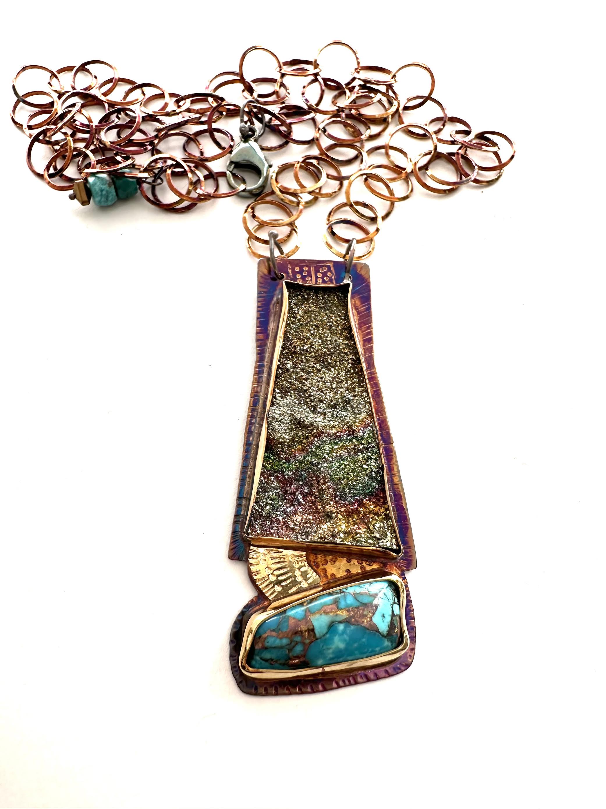 Image of Sterling Silver, Fine Silver Bezels, 18k Gold, Rainbow Pyrite Druzy, and Mosaic Turquoise Necklace on Sterling Silver Chain with Lobster Clasp by Julie Shaw
