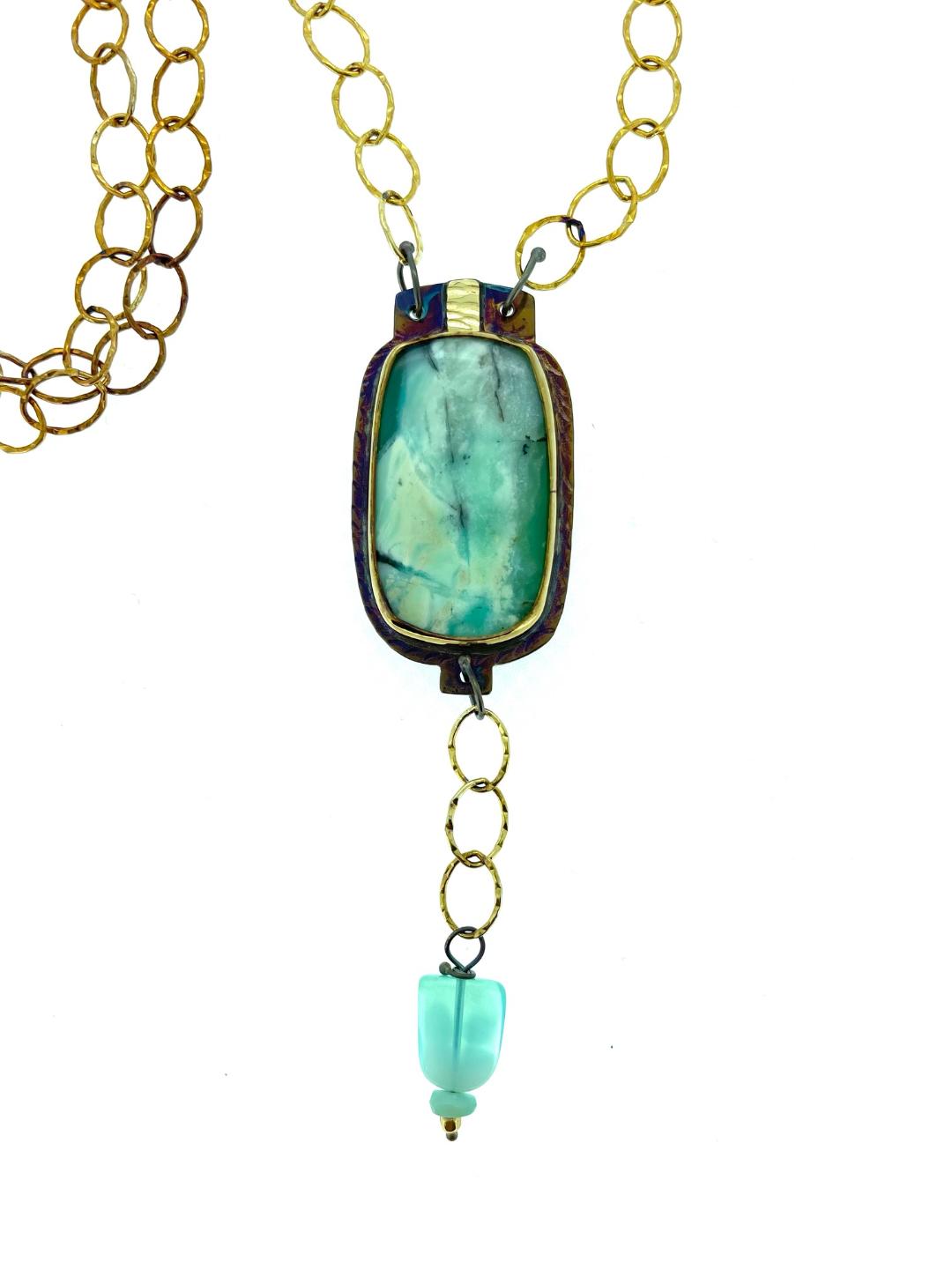 Blue Opal Petrified Wood Necklace in Sterling Silver and 18k Gold, 20
